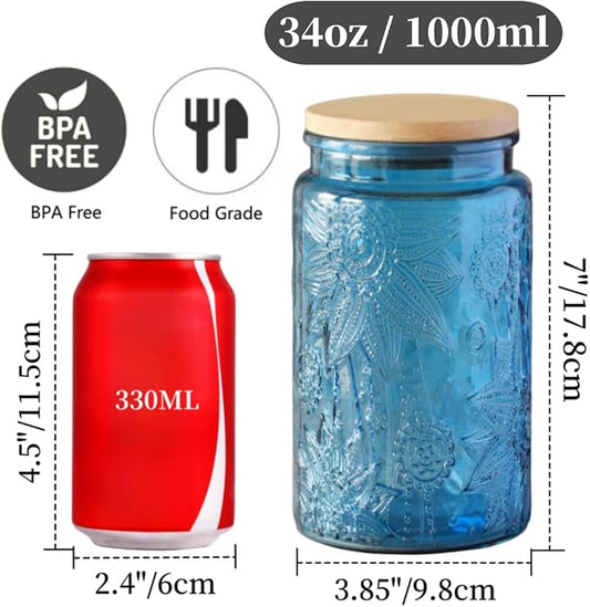 ANSQU 4-Pack Vintage Glass Jars with Airtight Lids, 34oz Glass Food Storage Containers for Kitchen Pantry Coffee, Tea, Candy, Cookie, Decorative Mason Jar (Blue&Green)