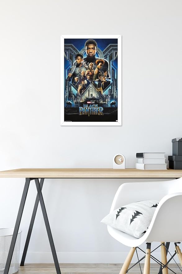 Trends International Marvel Cinematic Universe - Black Panther - Group One Sheet Wall Poster, 14.725" x 22.375", White Framed Version