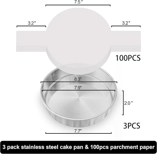 8 Inch Cake Pan Set of 3, Nonstick Stainless Steel Round Layer Cake Baking Pans with 100PCS Parchment Papers, Cake Tins for Birthday Christmas, Healthy & Non-Toxic, Easy Clean & Dishwasher Safe