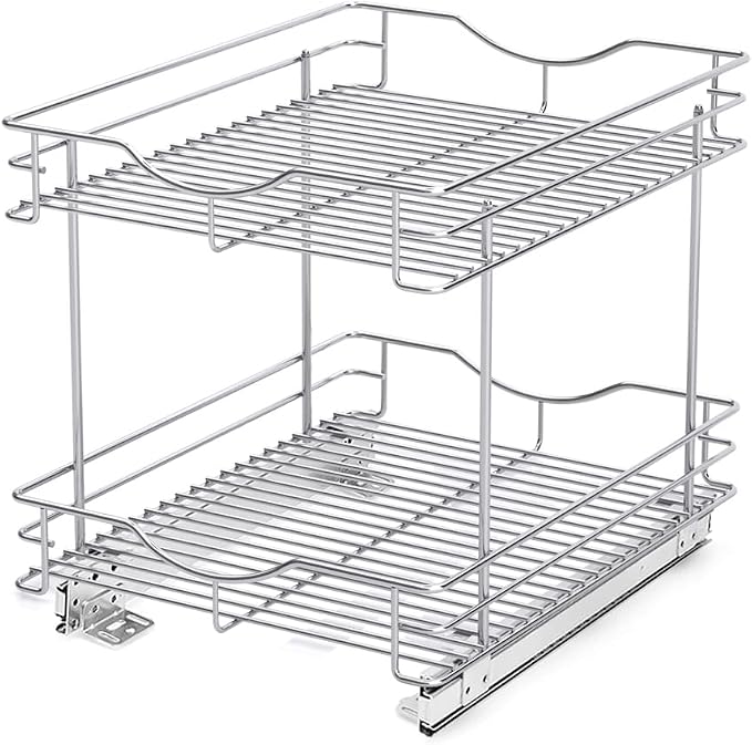FULGENTE Chrome Finish Pull Out Drawer Cabinet Organizer 2 Tier (14" W X 18" D) Sliding Drawers For Kitchen Cabinets Cookware Organizer Drawer For Cabinet Slide Out Shelves