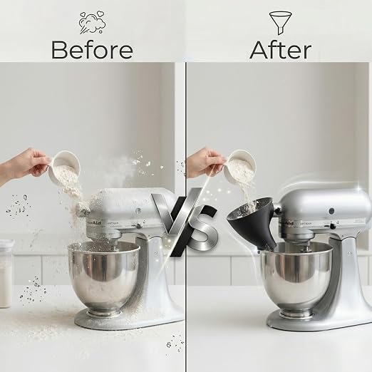 Flour Funnel Compatible for KitchenAid Mixer, Easy Pour No-Mess Attachment, Anti-Splash Attachment for Tilt-Head Stand Mixer 4.5 & 5 Quart (KSM150), Dishwasher Safe Baking Tool