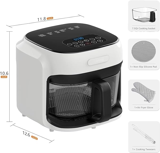 7.3QT Glass Air Fryer with See-Through Bowl, 360° Hot Air Circulation, 5 Presets, 1200W Fast Heating, Dishwasher Safe (White)