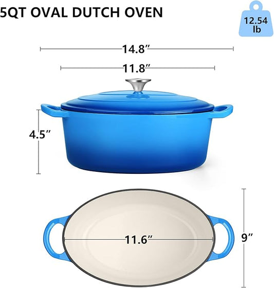 TeamFar Oval Dutch Oven, 5qt Enameled Cast Iron Dutch Oven Pot with Lid, For Bread Baking/Stewing/Braising/Frying, Suitable for Various Stoves, Dual Handles & Easy Cleanup, Blue
