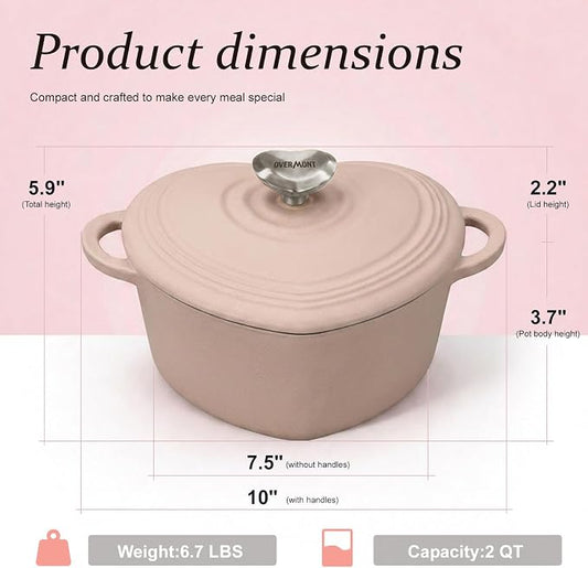 Overmont Heart-Shaped Enameled Cast Iron Dutch Oven, 2QT Pink Mini Pot with Lid for Cozy Meals, Soups & Small Batch Baking, Cute Kitchen Cookware Gift for Wedding, Housewarming & Birthday