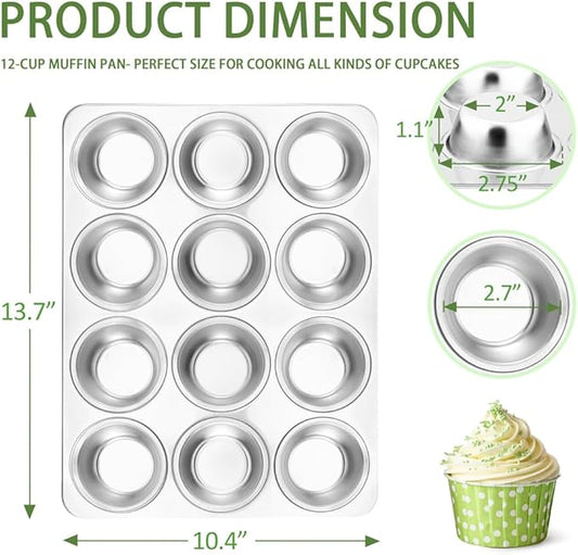 Herogo 12-Cup Stainless Steel Muffin Pan Tin for Baking, Metal Cupcake Tray Set for Making Egg Muffin Quiches, Mini Brownie, Easy to Clean & Quick Release, Oven & Dishwasher Safe