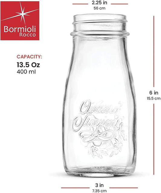 Bormioli Rocco Quattro Stagioni Bottles โ 13.5 Oz. Glass Jars with Twist Lids, Microwave & Dishwasher Safe โ For Canning, Cocktails, Gifts, Party Favors & Holiday Dรฉcor โ Made in Italy (Set of 4)