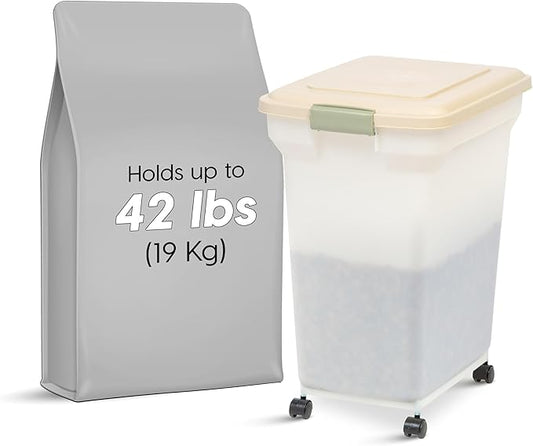 IRIS USA Airtight Dog Food Storage Container, WeatherPro, Up to 40 lbs, Removable Wheels, for Dog Cat Bird and Other Pet Food Storage Bin, Keep Fresh, Translucent Body, Made in USA, Almond/Pearl