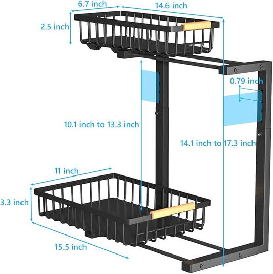 Merrylun Under Sink Organizers, 5 Adjustable Height,Metal Pull Out Under Sink Organizers and Storage Shelves with Sliding Drawer, Black 1pack(Hight 13.6″-16.9″)