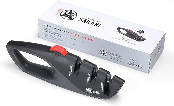 MITSUMOTO SAKARI 3-Stage Adjustable Kitchen Knife Sharpener, Scissors Slot | 12°-22° angle guide, coarse and fine slots, scissors slot, ceramic and carbide abrasives for knives and shears