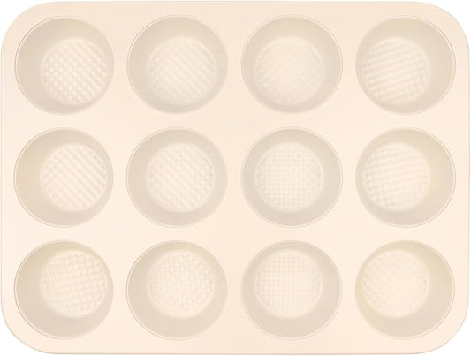 David Burke 12-Cup Muffin Pan, Carbon Steel, PFTE & PFOA Free, Oven Safe, Diamond Textured Surface – Cream