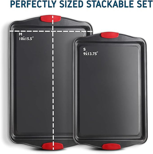Baking Sheet, 2PC Cookie Sheet Set with Silicone Handles, Nonstick Steel Baking Pan, Baking Sheets for Oven, BPA Free Baking Pans Set, Cookie Sheets– Black Bakeware, Small & Medium
