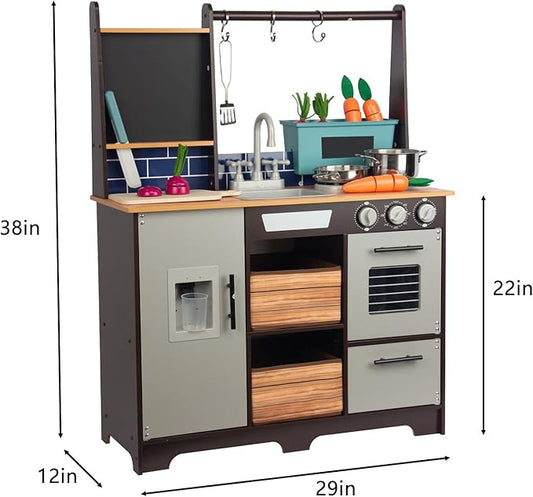 Play Kitchen for Kids, Wooden Kids Play Kitchen Playset Chef Pretend Play Set for Toddlers, Toys Kitchen with 12 Pcs Toy Food & Cookware Accessories