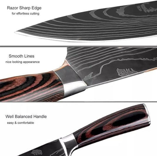 Majesty Series 8pc Damascus-Pattern Kitchen Knife Set - Ultra-Sharp Laser-Etched Pattern, Pakkawood Handles, Razor-Sharp Stainless Steel, Premium Gift Box