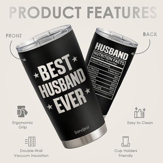 SANDJEST 20oz Insulated Tumbler for Husband, Stainless Steel Travel Mug with Lid, Best Husband Ever Coffee Cup for Men, Boyfriend Birthday Christmas Valentine
