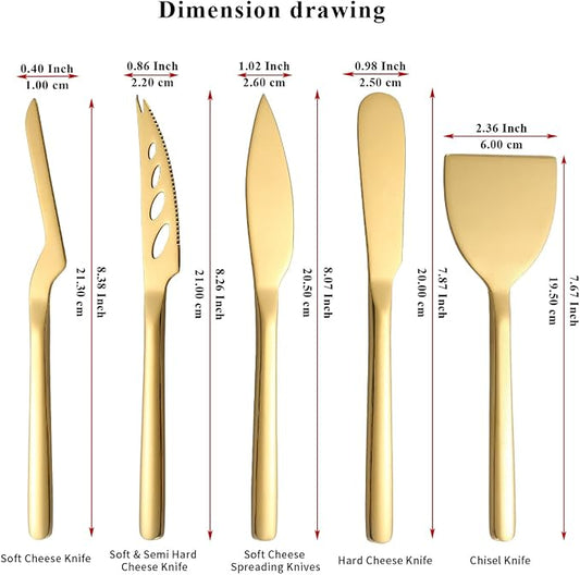 Berglander Gold Cheese Knife Set of 5 for All Types of Cheese, Golden Titanium Plating Cheese Cutter Slicer Ergonomic Design for Confortable Grip and Cut, Butter Spreader Knife