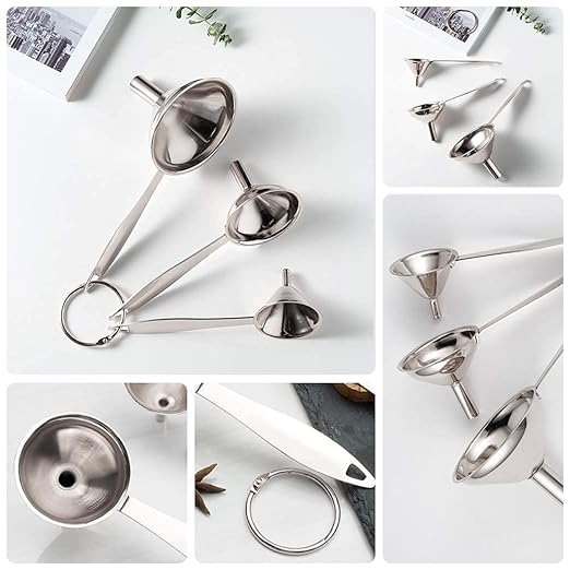 3 in 1 Metal Funnels for Filling Bottles Stainless Steel Small Kitchen Funnel Set for Transferring Essential Oils Liquid Fluid Spice Dry Ingredients Powder, Durable (Long-Handled Funnel)
