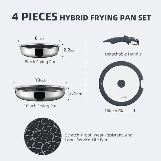 Ciwete Hybrid Non Stick Frying Pans Set 4-Piece, 8 & 10 Inch Tri-Ply Stainless Steel Pans with Lid and Detachable Handle, PFOA Free Skillets for All Cooktops, Dishwasher & Oven-Safe Cookware Set
