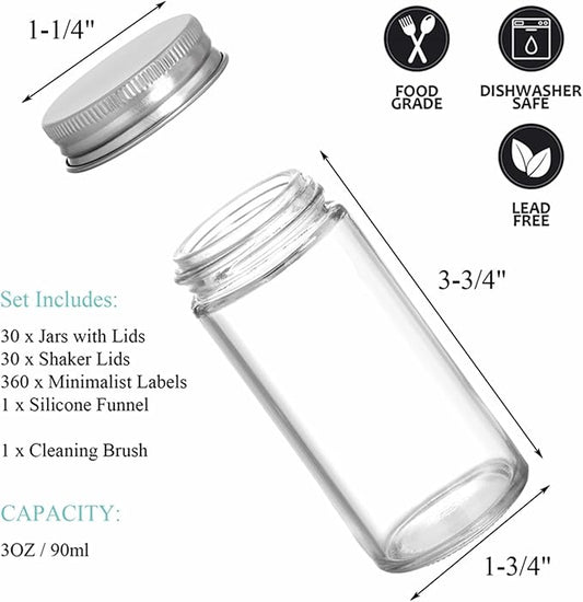Tebery 30 Pack Round Spice Bottles Jars with Silver Lids, 3oz Empty Glass Spice Containers Shakers Complete Organizer Set Includes Shaker Lids, Wide Funnel, Labels and Cleaning Brush