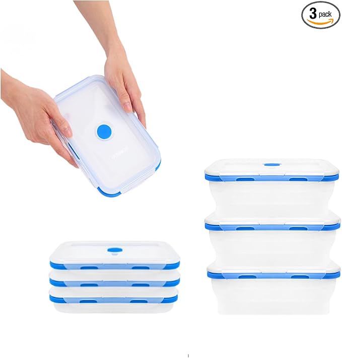 ECOBERI Collapsible Food Storage Containers, Silicone Large 3 Piece 40 oz Set, BPA-Free Meal Prep and Leftover Containers with Airtight Lids, Space-Saving, Freezer Safe