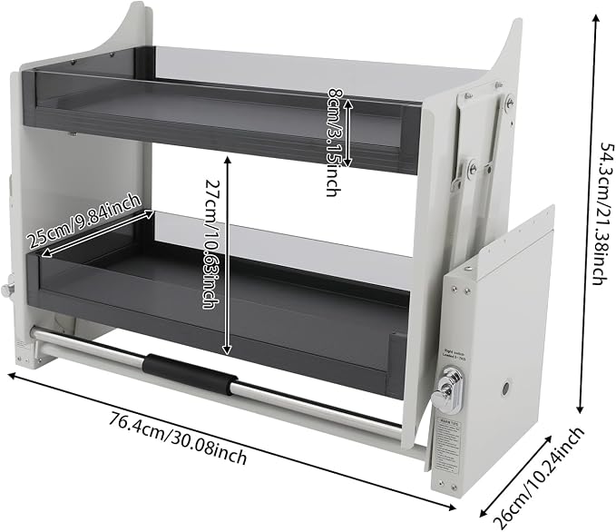 White Glass Pull-Down Shelf for Cabinets Pull Down Heavy Duty Shelf Organizer 2-Tier Space Saver 26.5lbs Capacity Easy-Access Storage Rack for Spices & Utensils