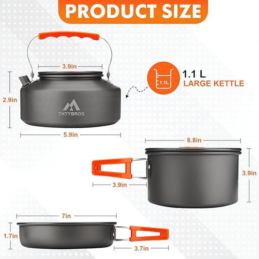 THTYBROS 17pcs Camping Cookware Kit, 0.45Gal Pot, 7inches Pan,0.30Gal Kettle Set with 2 Set Stainless Steel Cups Plates Forks Knives Spoons for Hiking