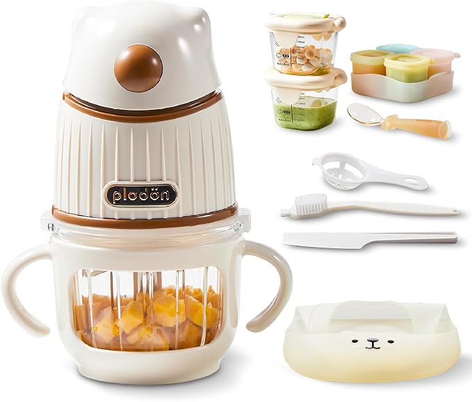 Baby Food Maker Set with 316 Steel Blades & Glass Bowl, White Baby Food Blender with A Feeding Spoon, A Bib, 4 Separate Food Ice Cube Trays and Two 7oz Food Storage