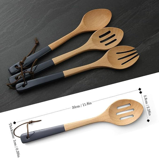 AOOSY Wooden Slotted Spoon for Cooking, 12 Inch Natural Beechwood Spoon | with 4.3 Inch Heat Resistant Rubber Grip Handle, Pointed Head for Scraping, for Mixing Tossing Serving Salad Pasta and Fruits