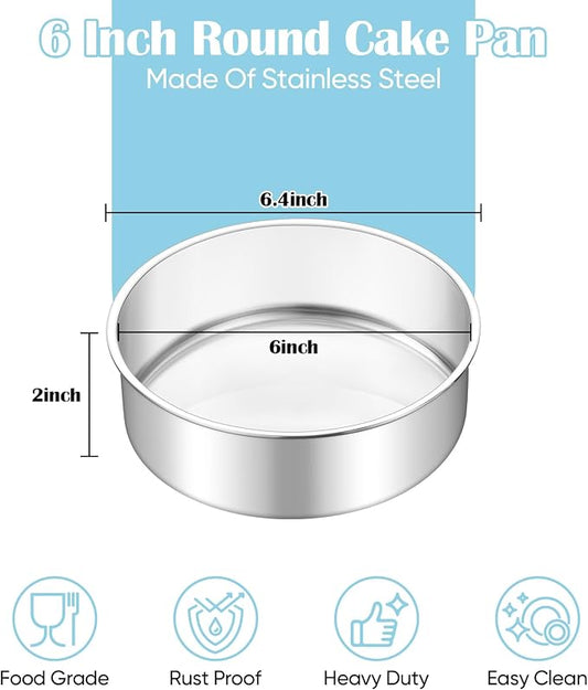 TeamFar 6 Inch Cake Pan, 2 Pcs Round Tier Cake Pan Set Stainless Steel for Baking Steaming Serving, Fit in Oven Pot Air Fryer, Healthy & Heavy Duty, Mirror Finish & Easy Clean, Dishwasher Safe