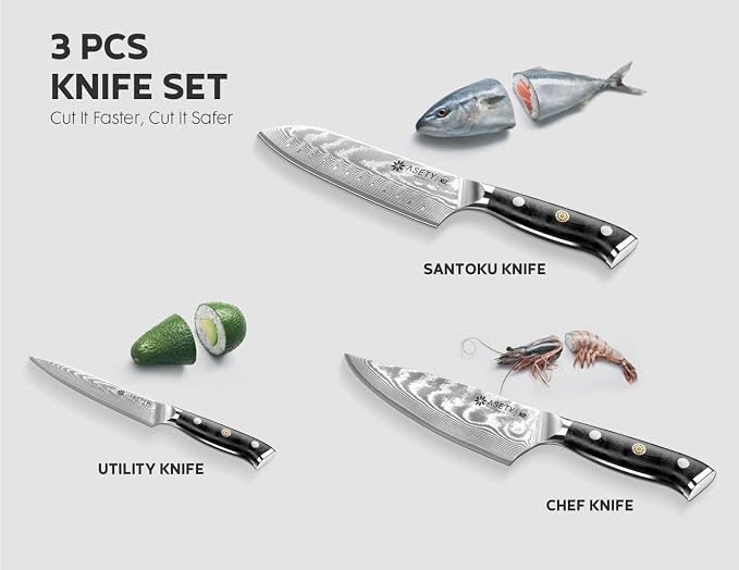 Damascus Knife Set 3 PCS: Japanese Kitchen Knives with VG10 Steel Core, Ultra-Sharp Professional Chef Knife Set, Full Tang G10 Handle, NSF Food-Safe, Elegant Box for Men Him Husband, Fathers day