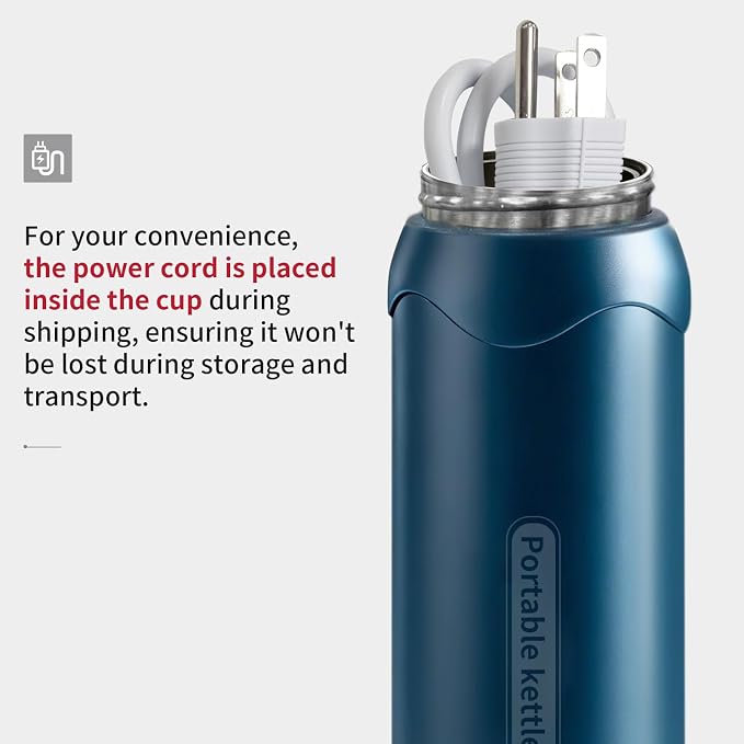 Insulated Stainless Steel Electric Kettle Small, Smart Water Bottle with 4 temperature control, Leak-Proof, Mini Travel Essentials Portable Office Gifts for Tea Lovers, Dark Blue