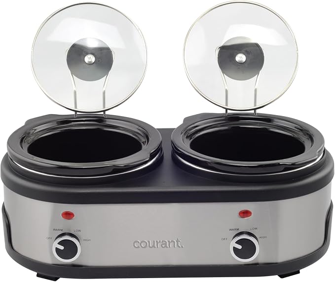 Courant 3.2-Quart Double Slow Cooker(1.6-Qt each) w/Warm Settings, Stainproof Stoneware Pots and Glass Lids – StainlessSteel