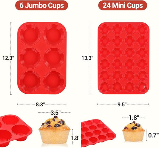 CAKETIME Silicone Muffin Pan, 2 Packs, Jumbo 6 Cups and Mini 24 Cups for Baking Muffins, Cupcakes, Egg Bites, and Frittatas