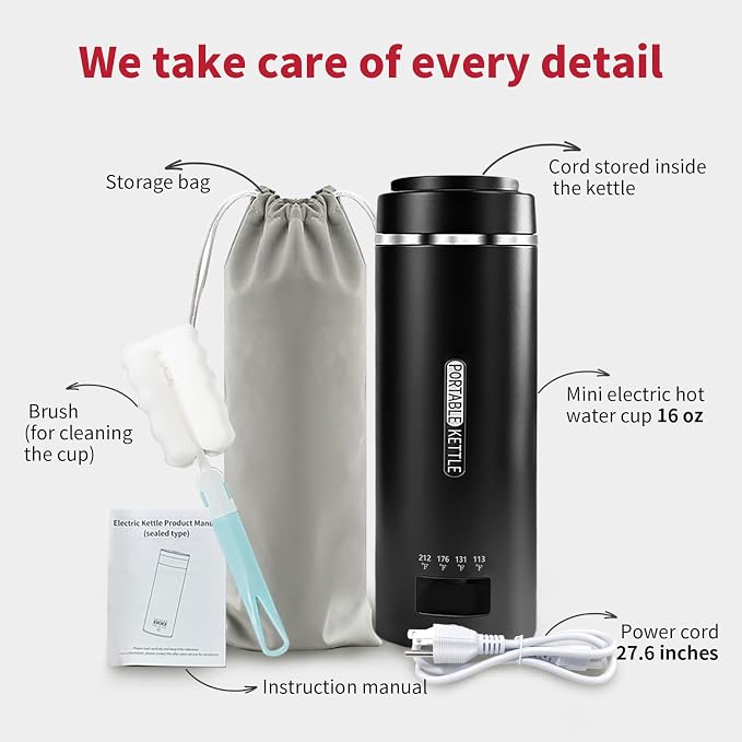 Travel Kettle, Portable Electric Kettle with 4 Temperature Controls, 304 Stainless Steel with Auto Shut-off, Black(120V)