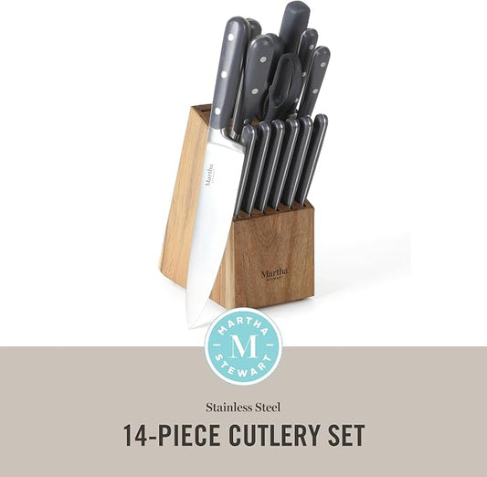 MARTHA STEWART Eastwalk 14 Piece High Carbon Stainless Steel Cutlery Knife Block Set w/ABS Triple Riveted Forged Handle Acacia Wood Block - Gray