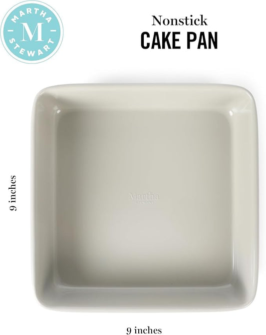 Martha Stewart Gallen 9 Inch Square Nonstick Carbon Steel Cake Pan โ Cool Grey, Durable Bakeware for Even Baking and Easy Release