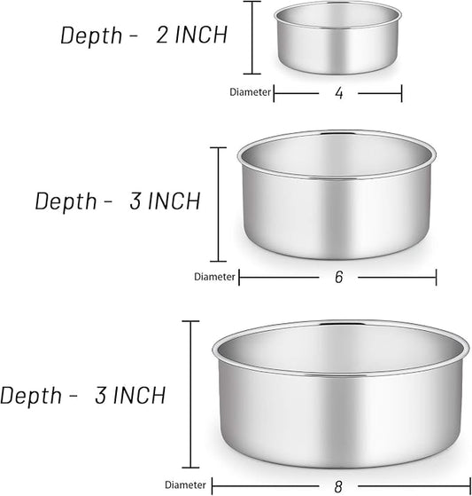 E-far Cake Pan Set of 3 (4โโ/6โโ/8), Deep Stainless Steel Round Cake Pans Tins for Wedding Birthday, Non-toxic & Dishwasher Safe, Mirror Finish & Straight Side