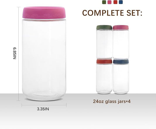 24 OZ Overnight Oats Jars with Lids 4 Pack, Glass Meal Prep Containers, Reusable Food Storage Jars, Airtight Mason Jars for Breakfast, Yogurt Parfait, Salad, Smoothies(4-1)