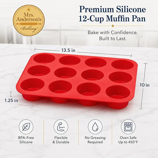 Mrs. Anderson's Baking Silicone 12-Cup Muffin Pan Baking Mold, BPA Free, Non-Stick European-Grade Silicone, 13.5 x 10 x 1.25-Inches
