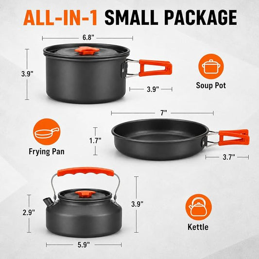 18Pcs Camping Cookware Mess Kit, Non-Stick Lightweight Camping Pots and Pans with 1.1L Kettle, 2 Set Stainless Steel Cups Plates Forks Knives Spoons for Backpacking, Hiking, Outdoor Cooking