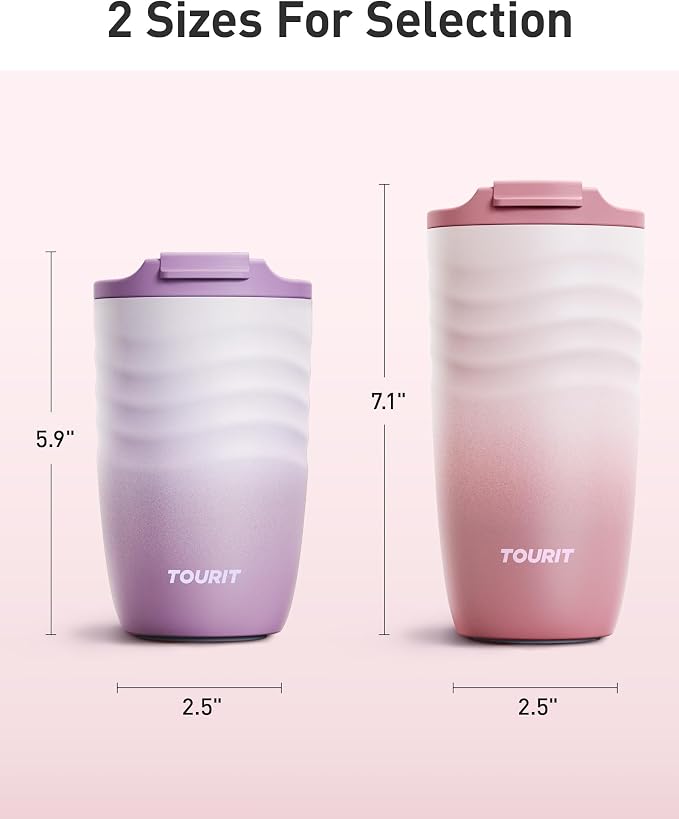 TOURIT 16 oz Travel Coffee Mug, Vacuum Insulated Stainless Steel Tumbler with Ripple-Wave Anti-Slip Grip, Built-in Silicone Bottom for Quiet & Stable, Leak-Proof Lid, Fits Car Cup Holder, Sage Green