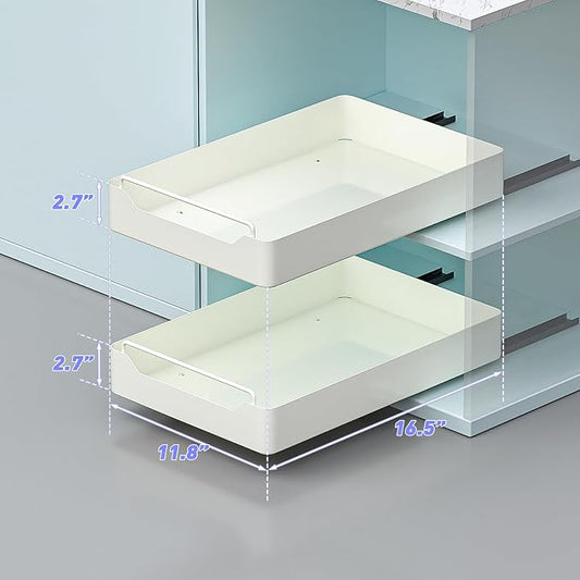 KMC Cabinet Pull-Out Organizer – No Screw, Double Layers Drawers, Peel & Stick Sliding Pantry Shelf – Kitchen Pullout with Home Adhesive
