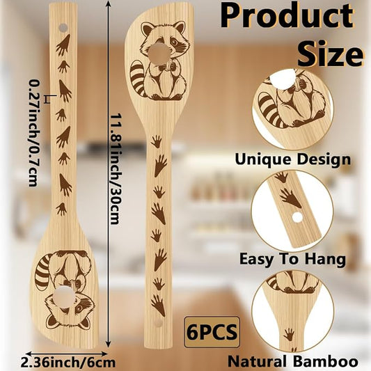 6Pcs 6 Styles Animal Cooking Spoon for Kitchen 11.8 x 2.4 Inch Bamboo Cooking Utensils Durable Wood Raccoon Kitchen Spoon Set for Housewarming Wedding Birthday Gift Farmhouse Home Decor