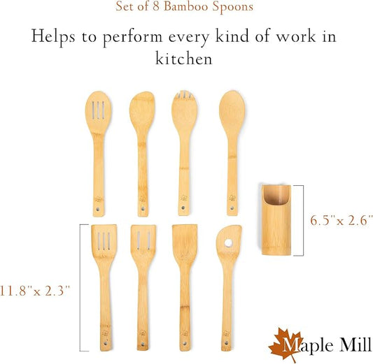 Bamboo Spoons for Cooking - Set of 8 Spoons with Holder - Wooden Cooking Spoons - Non-toxic & Organic Bamboo Cooking Utensils with Spoon Set & Spatula - Premium Kitchen Utensils