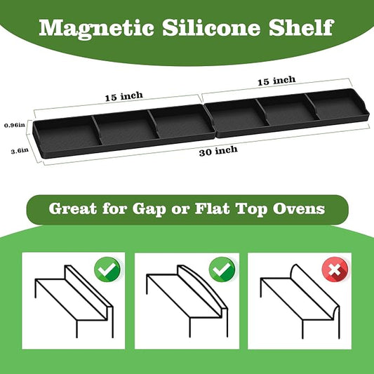 30 Inch Silicone Stove Top Shelf Magnetic for Kitchen, Strong Magnetic Heat Resistant Spice Rack Organizer for Over Stove Oven (Black-two part)