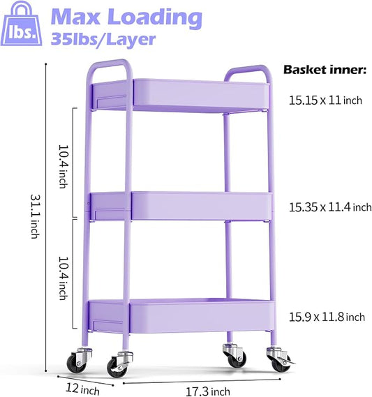TOOLF 3-Tier Rolling Cart - Metal Utility Storage Organizer with Lockable Wheels, 33 lbs Per Shelf, Tool-Free 5-Min Assembly, for Kitchen Bathroom Office Nursery Craft Room, Purple