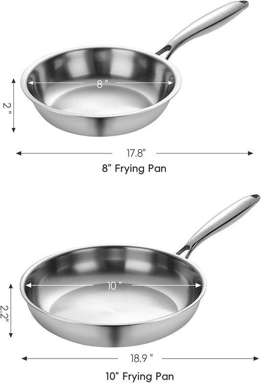 SuperCook 2 Pieces Tri-Ply Clad Stainless Steel Frying Pan, 8" and 10" Skillet Set, Steel Pans for Cooking, Sauté Pans Set, Non-Toxic, Multiclad, Induction Oven Compatible, Dishwasher Safe