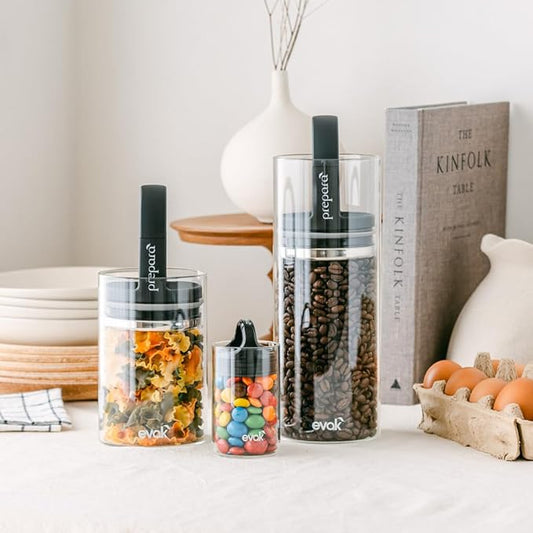 Prepara Evak Classic Airtight Glass Storage Canister, Mini (3.75” x 2.3”) – Borosilicate Glass Container Vacuum Seal Lid & Black Handle, Odor & BPA-Free, Ideal for Coffee, Tea, Pantry Dry Goods