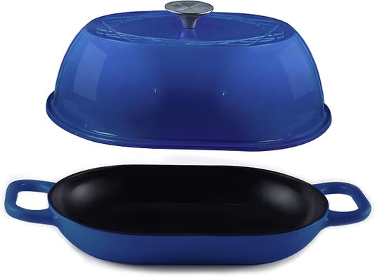 Krustic Enameled Cast Iron Dutch Oven for Professional Sourdough Bread Baking | 5.5 Quart Loaf Size Oval Cookware Pot with Lid | Triple-Layer Enamel Coating Pan with Non Stick Silicone Mat | Blue