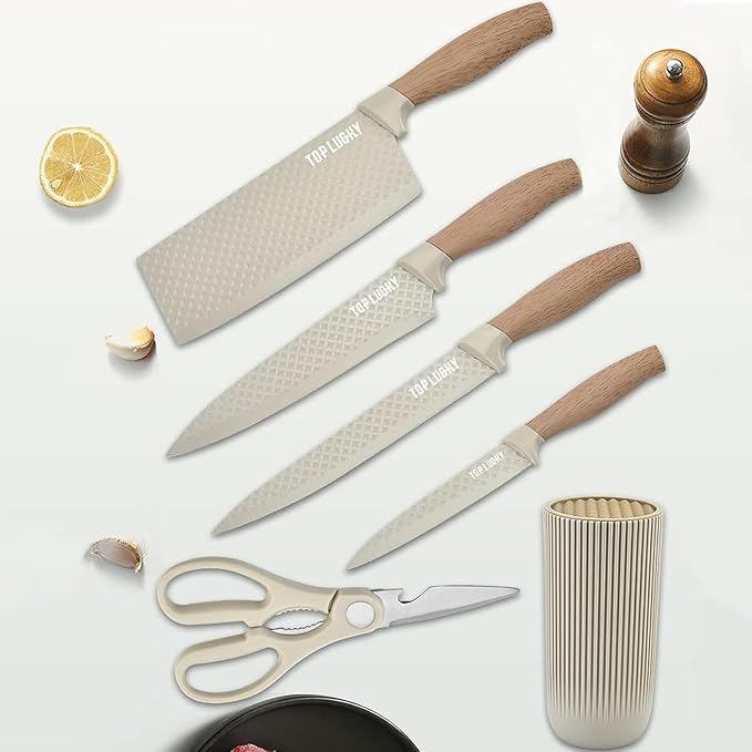 Knife Set, 6 Pieces Professional Kitchen Knife Set with Universal Knife Block, Super Sharp Knife Block Set with Ergonomic Handle Non-stick Stainless Steel Knife Block Set (Khaki)