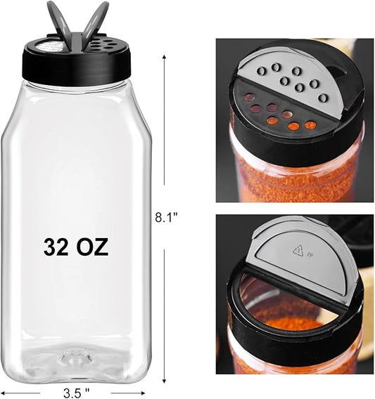 TUZAZO 32 Oz Spice Bottles Plastic Seasoning Containers, 6 PACK Large Plastic Spice Jars with Shaker Lids Empty for Spice & Herbs, BPA Free | Heavy Duty | Wide Mouth | Dual Flaps
